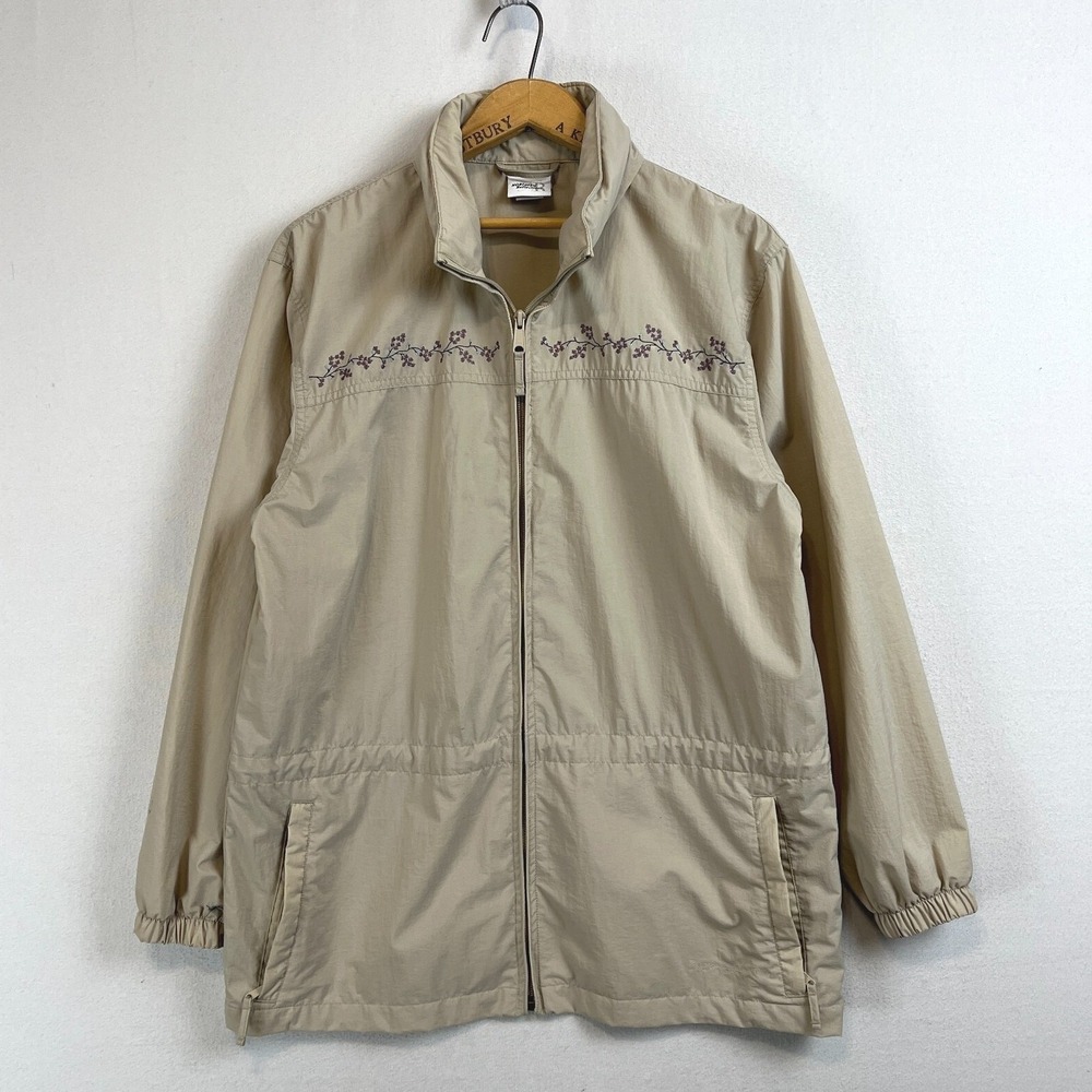Northern Reflections Tan Floral Embroidered Nylon Windbreaker Jacket Medium - Picture 2 of 12
